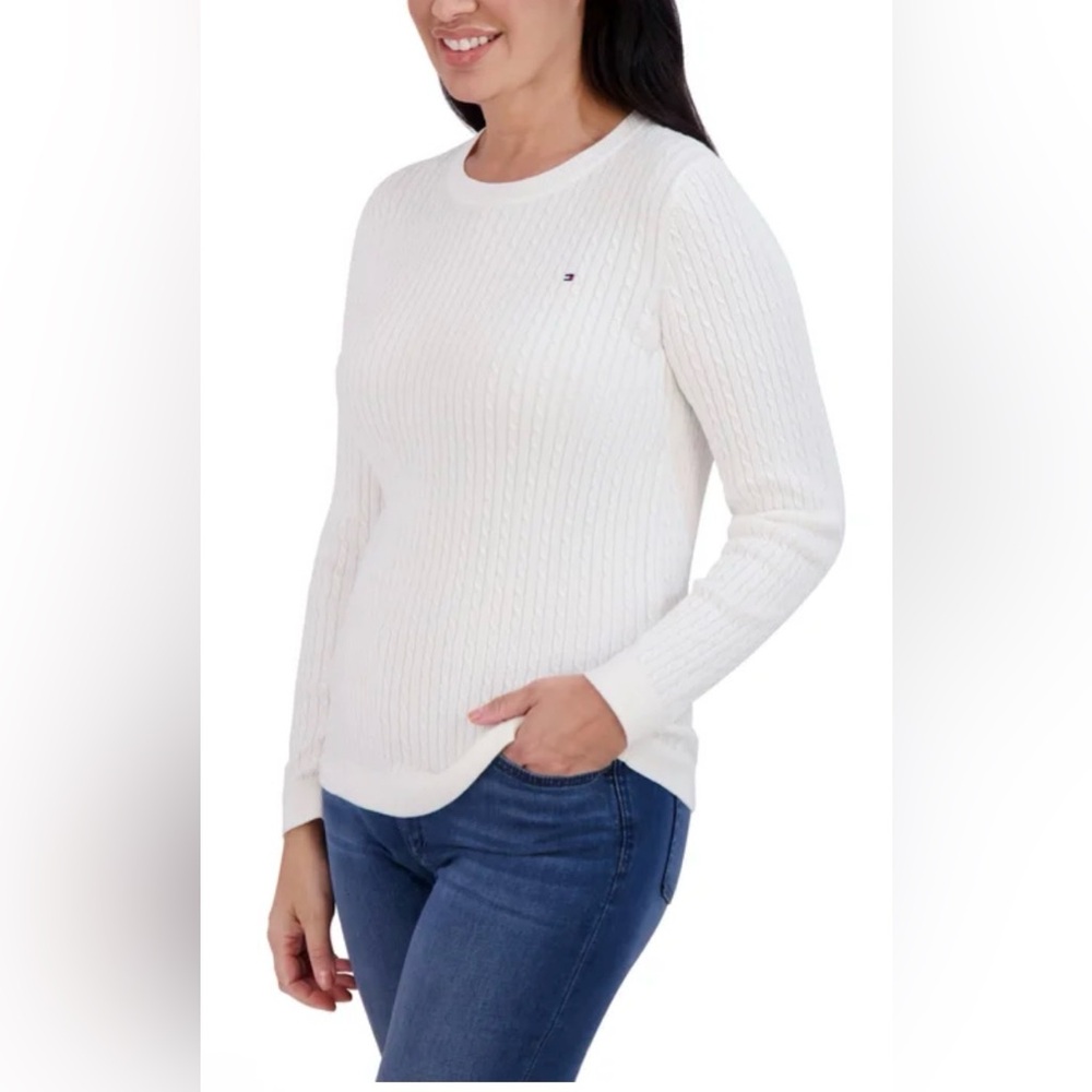 NWT Tommy Hilfiger Classic Women’s White Cable Knit Crew Neck Sweater size XXL - Picture 2 of 4